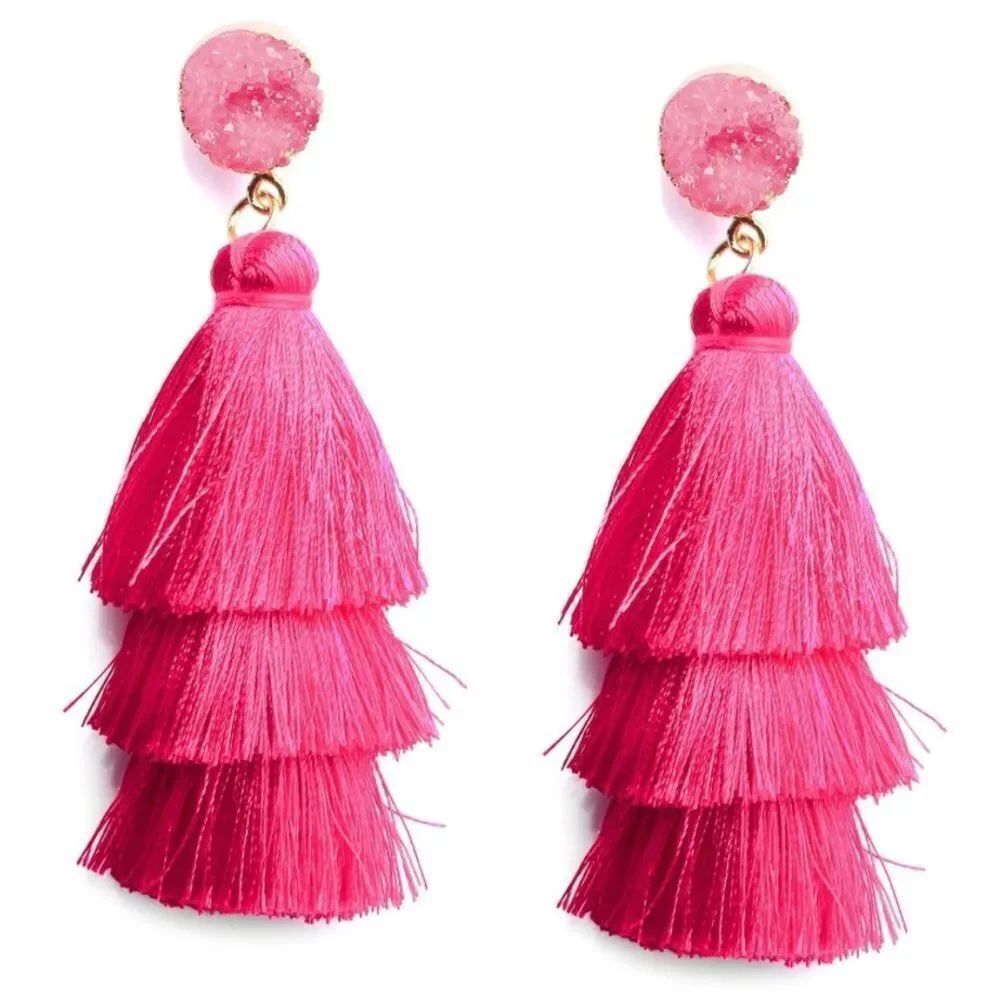 14K Yellow Gold with Hot Pink Silk Thread Tassel and Quartz Druzy Post Earrings